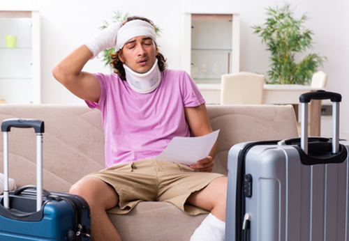Accident-injured traveler sitting with suitcases and medical paperwork.