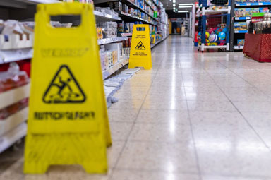 Wet floor signs in a grocery aisle highlight slip and fall risk for personal injury claims.